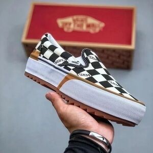 Vans Black & White Checkerboard Platform Slip-On with Gum Trim